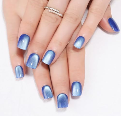 evpct Light Sky Blue Cat Eye Glitter Extra Short Press on Nails S...