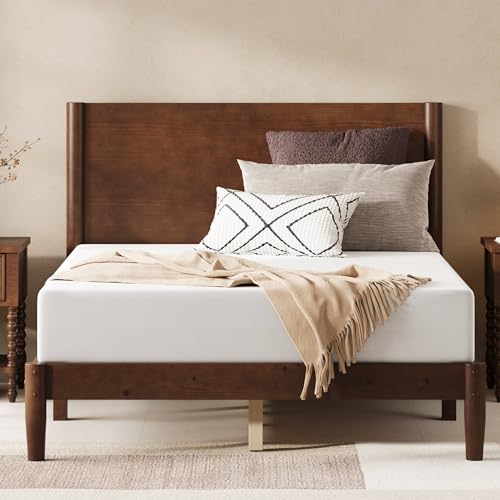 Image of AMERLIFE Solid Wood Full Size Bed Frame, Mid Century Modern Platform Bed with Full Panel Headboard, Noise-Free & Cylindrical Legs, No Box Spring Needed, Under-Bed Storage, Dark Walnut