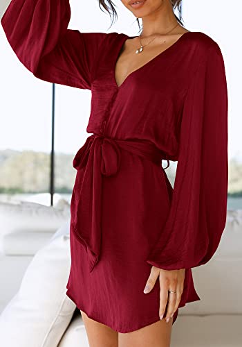 Prettygarden Women's Spring Long Puff Sleeve Satin Dress V Neck Cocktail Party Belted Short Formal Dresses (Wine Red,Medium) #TOP2