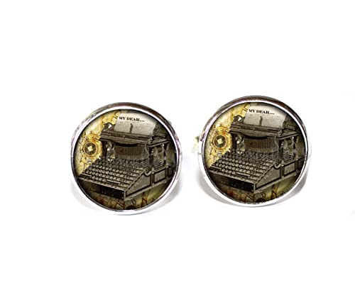 Vintage Style Typewriter for Writers Authors Handmade ROUND Glass Metal Cuff LInks Cufflinks Gift for Him (Bright Silver)