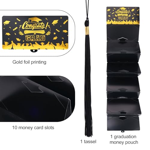 Abschluss Geldhalter, Schwarze & Goldene Abschlussgeldkarten mit Umschlag und Quaste mit 10 Kartenfächern für Highschool und College-Abschlussfeiern