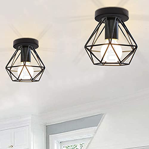 iDEGU Lot de 2 Plafonnier Industrielle en Métal Cage Carré, 16CM Lustre Abat-jour Fer Luminaire E27 40W Noir pour Salon Chambre Bar (Mini Diamant B)