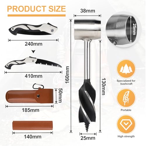 EFUTURETIME Holzbohrer Manuell Bushcraft, φ25x160mm, Schlangenbohrer Outdoor aus Stahl mit Braune Ledertasche & 180mm Klappsäge, Holz Handbohrer Bushcraft Set für Holzbearbeitung Survival Tool Camping