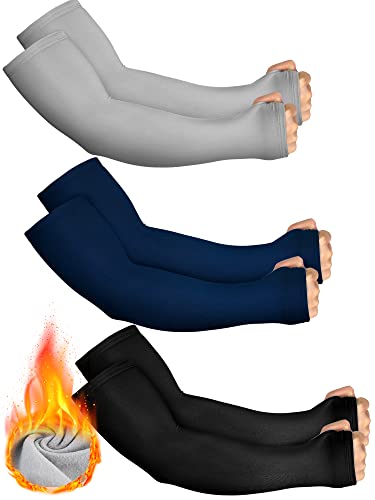 3 Pairs Warmers Thermal Arm Sleeves Warm Long Arm Cover with Thumb Holes for Men Women Cycling Running Outdoor Sports (Black, Navy, Gray, M)