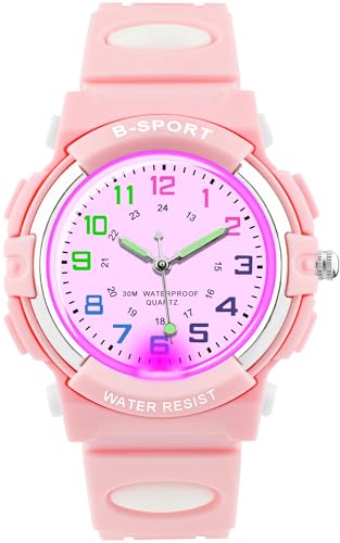 DTKID Kids Watches for Boys and Girls, 7 Colour Lights Waterproof Outdoor Sports Boys Watch, Analogue Quartz Childrens Watch with Soft Strap Watches for Kids Ages 5-16 Pink