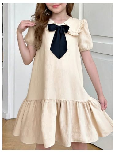 Floerns Girl's Bow Tie Front Puff Sleeve Smock Dress Low Waist Ruffle Hem Cute Midi Dresses4