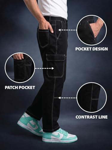 Image of Veirdo Men's Cargo Pants | Relaxed Fit Utility Trousers with Multi Pockets | Casual Streetwear Cotton Bottoms - Beige, Black & Grey| Sizes: S to XXL