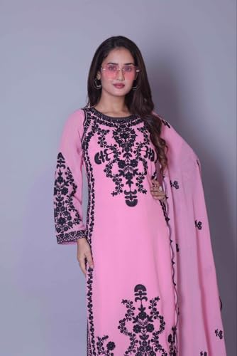 Image of Women's Georgette Embroidered Kurti | Round Neck | Full Sleeves | with Pant and Dupatta Set-pink-NR-111