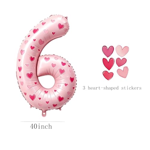 Image of 40 Inch Pink Heart Shaped Stickers Number 6 Balloon Happy Birthday Party Decorations Big Foil Number Balloons for Birthday Anniversary Party Supplies，Light pink 6