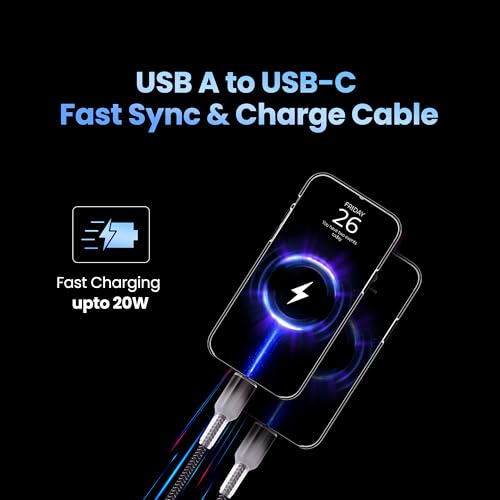 Image of Nextech USB A To USB-C 3A Fast Charging Cable|2.44M Braided Cable|Type C Cable Fast Charging|C Type Charger Cable|480Mbps Data Sync|USB C Charger Cable For Smartphones,Tablets & Devices,Grey