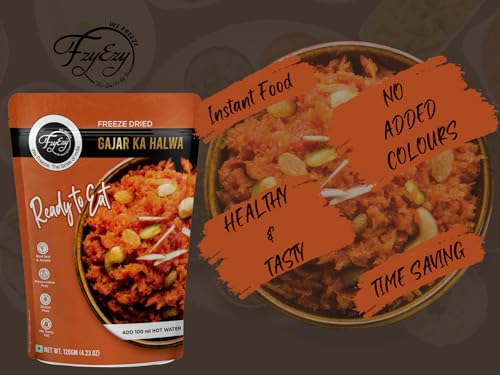 Image of FzyEzy Freeze Dried Gajar Ka Halwa | Ready to Eat Indian Dessert | Traditional Carrot Halwa with Almonds & Pista | Preservative Free | Instant Sweet Dish | 120g