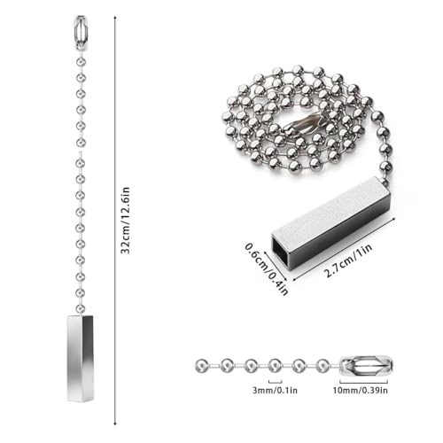 Image of 2Pack Minimalist Rectangular Ceiling Fan Pull Chain Extension | Silver 12 Inch 3mm Ball Beaded String Pull Charm Ornament with Connector for Fan Light Fixtures Replacement Home Decorations