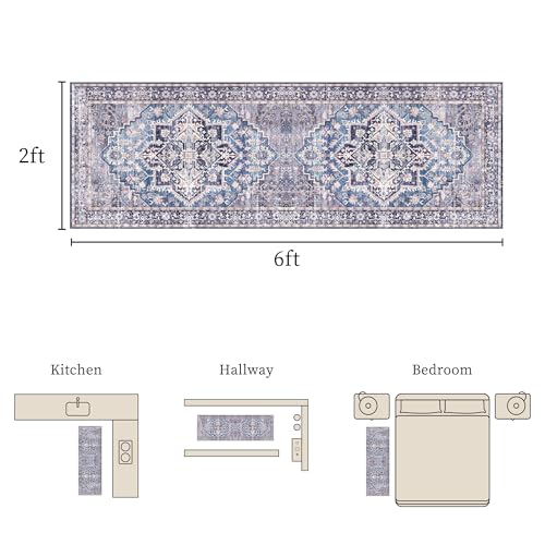 Vintage 2x6 Washable Runner, Low-Profile Kitchen Runner Rug with Non-Slip Backing & Durable Edge Binding, Pet-Friendly Entryway Rug for Bedroom & Hallway