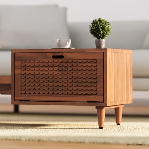 Image of KOVA Solid Sheesham Wood Coffee Table & Centre Table for Living Room with Lift-Down Shutter Storage and Open Side Tray (Wavy, Honey Finish)