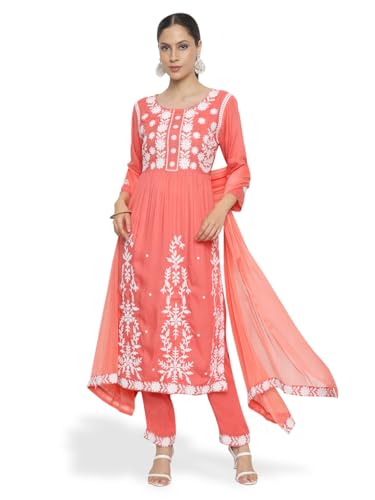Image of Kaari Women's Chikankari Kurta Set with Dupatta -Fit & Flare Fit | Chiffon Dupatta with Embroidered Band | Straight Pant with Side Pocket | Kurta Set For Women