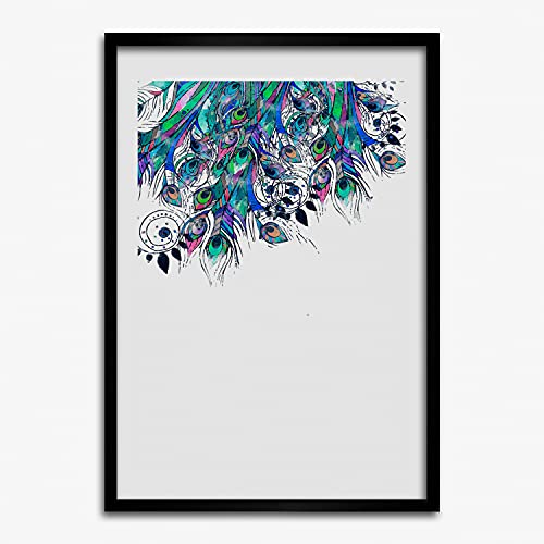 Affiche 40x60 cm plumes de paon sous cadre MDF pour decoration interieure