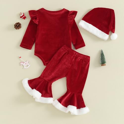 FIOMVA My First Christmas Baby Girl Outfit Newborn Fall Winter Onesie Bell Bottoms Hat 3pcs Set Romper Pants Clothes4