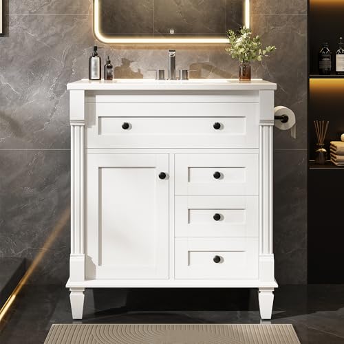 LIKIMIO 30 Inch Bathroom Vanity with Sink, Towel Holder & Adjustable Solid Wood Legs for Uneven Floor, Modern Bathroom Storage Cabinet with Tip-Out Drawer, 2 Drawers & Adjustable Shelf, White