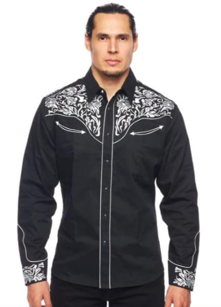 Men's Causal Button Down Long Sleeve Shirts,Embroidered Western Cowboy Shirts - Main Image