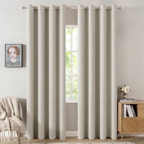 Image of MIULEE 100% Blackout Linen Curtains for Bedroom Thermal Insulated Cobblestone Grommet Room Darkening Curtains & Drapes for Living Room 52 x 84 Inch (2 Panels)