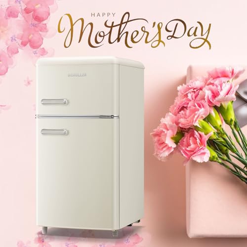 Image of DEMULLER 100L Retro Mini Fridge with Freezer Dual Doors & Handles Compact Refrigerator with 7 Thermostat Control Freestanding Small Fridge with LED Light Cream