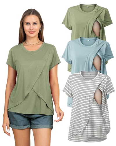 Image of Rnxrbb 3 Pack Women's Nursing Tops for Breastfeeding Summer Short Sleeve T Shirts Postpartum Double Layer Clothes