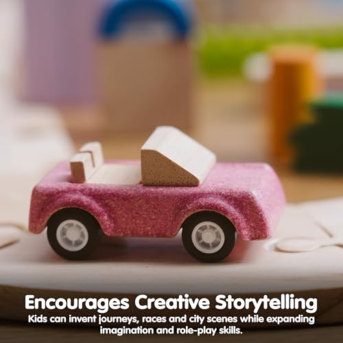 Image of PlanToys Pink Sports Car Wooden Montessori Vehicle Toy | Early Movement, Imagination and Practical Life Exploration | Eco Friendly Car for Indoor and Outdoor Play