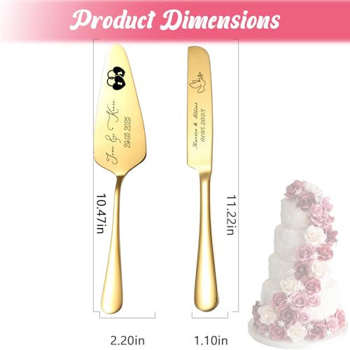 Personalized Cake Cutting Set for Wedding with Names Text Custom Cake Knife and Server Set for Newlyweds Weddings Anniversaries and Special Occasions (Gold) - Image 5