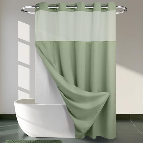 River Dream Sage Green Heavyweight No Hooks Required Shower Curtain with Snap in Liner - Dotted Waffle Weave,Hotel Grade,Spa Like Bath Curtain,71W x 74H