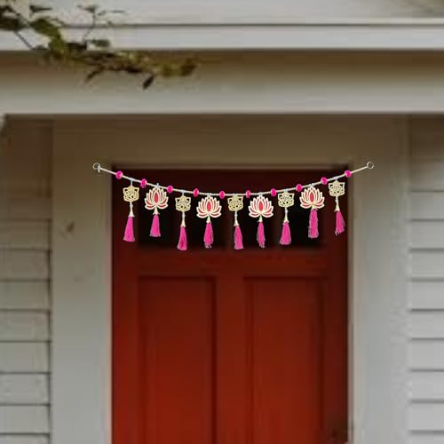 Image of Rajasthan Kraft Decorative Lotus & Ganpati Door Toran, 40 Inch - Lotus Decor Toran Door Hanging for Entryway with Ganesha Charms,Pink Tassels,Ganpati Decoration Inspired Festive Home Ornament Garland.
