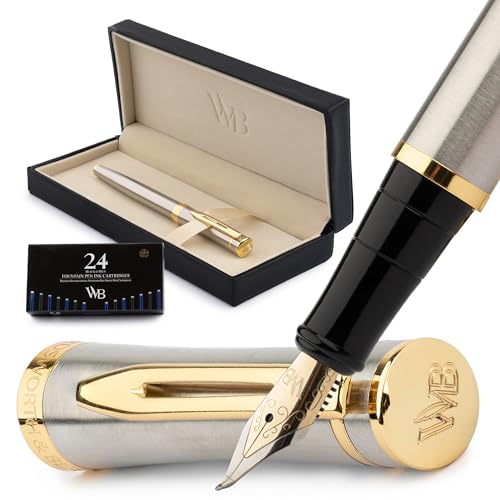 Image of Wordsworth & Black Luxury Fountain Pen Set for Writing,Bent Nib,Silver | Gift for Men & Women, Brass Body, 18K German Iridium, Calligraphy, Converter + 24 Ink Cartridges, Refillable, Leak-Free