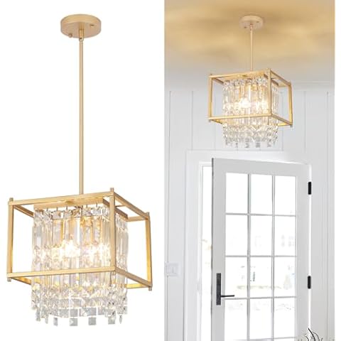 PUZHI HOME Gold Crystal Chandeliers, 11.8 Inch Farmhouse Square Crystal Ceiling Lighting 4-Light Dining Room Light Fixture Industrial Crystal Pendant Light for Entryway Kitchen Island Bedroom Foyer Cover
