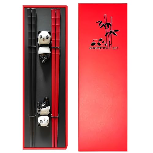 Chopsticks Reusable Panda Gifts With Cute Chopstick Rest & Chopsticks Dishwasher Safe Anniversary Gift for Couple (2PC Red-Black)