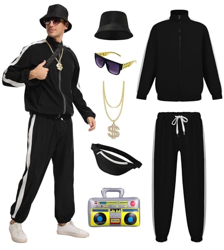FSUJWOA 80er Jahre Outfit Herren 90s Retro Trainingsanzug with Hip Hop Kleidung Accessoire Set für Fasching Disco Party (Schwarz 3XL)