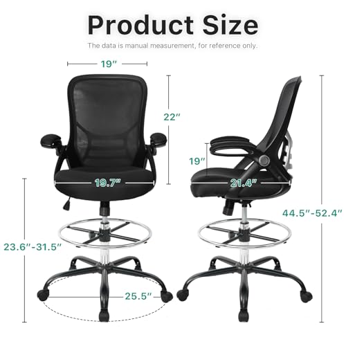 Image of HYLONE Drafting Chair Tall Office Chair High-Back Mesh Standing Desk Stool with Adjustable Footrest Ring and Flip-Up Arms Black