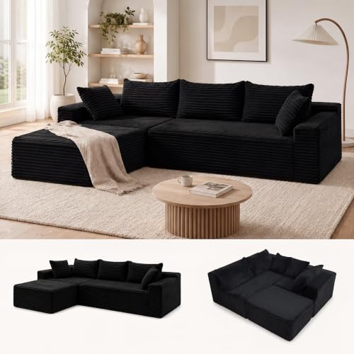 Image of Claiks 104 inch Boneless Couch, L-Shape Corduroy Sectional Sofa, Black