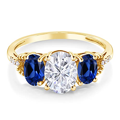 Gem Stone King 2.74 Cttw 10K Yellow Gold 3-Stone Ring for Women | White Moissanite Blue Created Sapphire and Diamond | Oval 8X6MM and 6X4MM | Available In Size 5-92