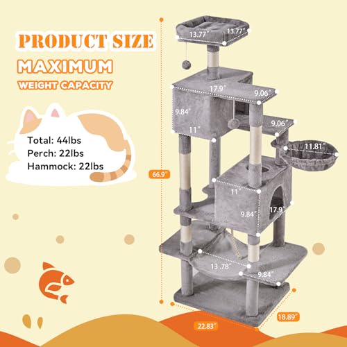 Image of Sweetcrispy 66 Inch Cat Tree Tower, Multi Level Cat Climbing Tower with Natural Sisal Scratching Posts, Hammock, Pet Condo for Indoor Cats and Kittens Play, Grey