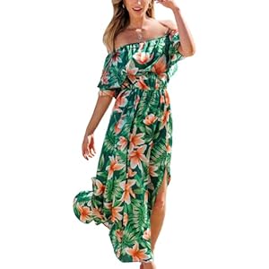 CUPSHE Damen Sommerkleid Volants Schulterfreies Kleid Beinschlitz Tropical Print Freizeitkleider Beach Off Shoulder Maxi Dress