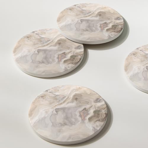Image of Set of 6 Abstract Marble Coasters with Holder, Absorbent Ceramic Coasters for Drinks, Coasters with Cork Backing for Table Protection, Housewarming Gifts for New Home