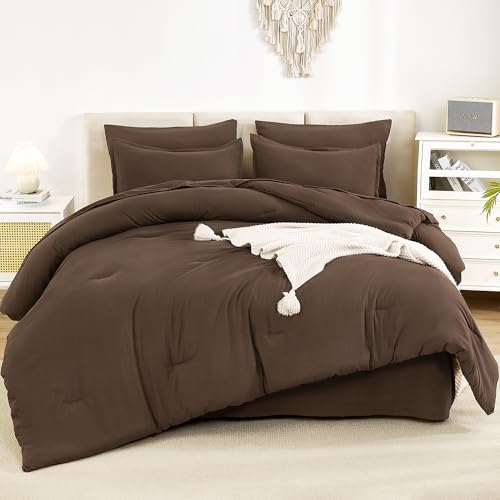 Litanika Oversized King Comforter Sets Brown - 7 Pieces Bed in a Bag Oversized King Bedding Comforter Sets, Solid Lightweight Bed Set with Comforter, Sheets, Pillowcases & Shams