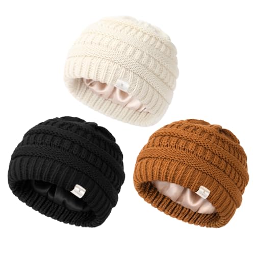YANIBEST 3 Packs Toddler Winter Hat Satin Lined Baby Beanie Infant Skull Cap Knit Warm Soft Winter Hat Girls Boys