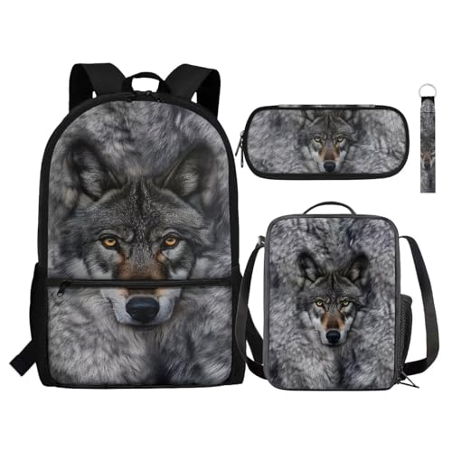 Set zaino per bambini con portapranzo portapenne portachiavi 4 in 1 regalo per ragazze ragazzi adolescenti Lupo Taglia unica Zaini Daypack grigio