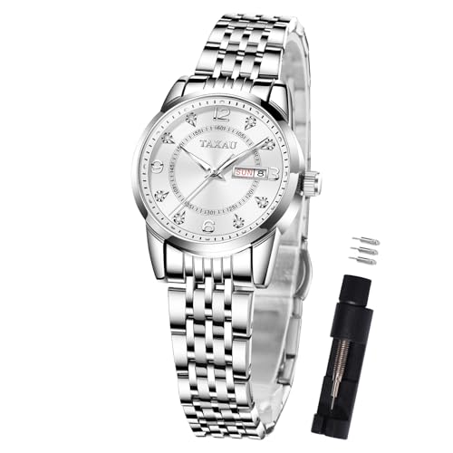 Watches for Women Silver Fashion Dainty Diamond Scale Dress Waterproof Womens Watch with Date Day Stainless Steel Analog Quartz Ladies Watches Two Tone Small Women's Wrist Watches