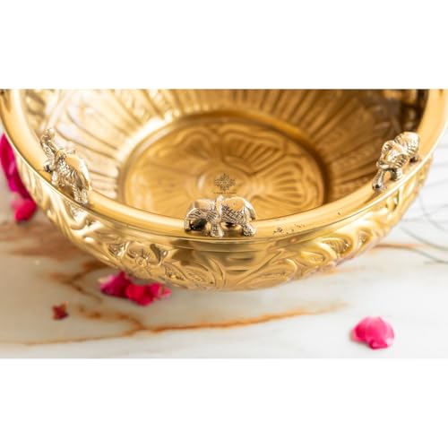Image of INDIAN ART VILLA Brass Embossed Urli with Elephant Statues, Traditional Decorative Pooja Bowl, Home Decor Centerpiece, Ideal for Festivals, Weddings, Gifting, and Cultural Celebrations, 10 Inches