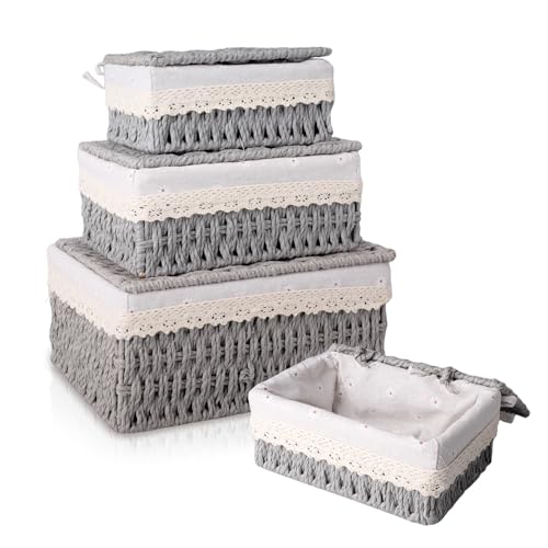KiKiHong 3 Piezas Cajas Almacenaje Baño,Cesta de almacenamiento tejida,Cesta Decorativa,Cesta Tejida a Mano para Cajones,Cocina,Oficina,Salón (Gris)