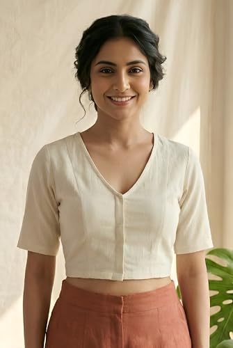Image of Yash Gallery Women's Stretchable Rayon Lycra V-Neck Short Sleeve Front Open with Hook Stylish Crop Blouse Top for Ethnic Beige Designer Festive Choli Blouse