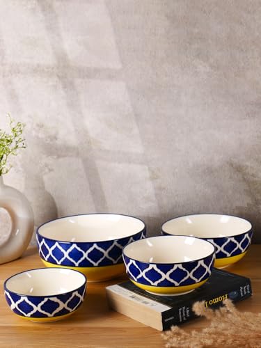 Image of Niyara Stoneware Handmade Ceramic Stylish Premium Serving Bowls /Salad Tray Microwave Dishwasher Safe Set of 4 (Yellow Moroccan Print)