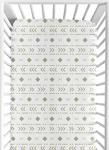 Image of Sweet Jojo Designs White Sage Boho Tribal Mudcloth Boy Girl Fitted Crib Sheet Baby or Toddler Bed Nursery - Green Woodland Bohemian Southwest Geometric Arrow Gender Neutral Aztec Mud Cloth