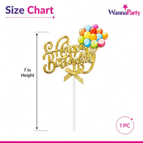 Image of Wanna Party Happy Birthday Cake Topper, Gold Script Balloon Design with Bow, Multicolor Birthday Cake Decoration Pick for Kids, Adults, Party Cakes & Dessert Table - 1PC